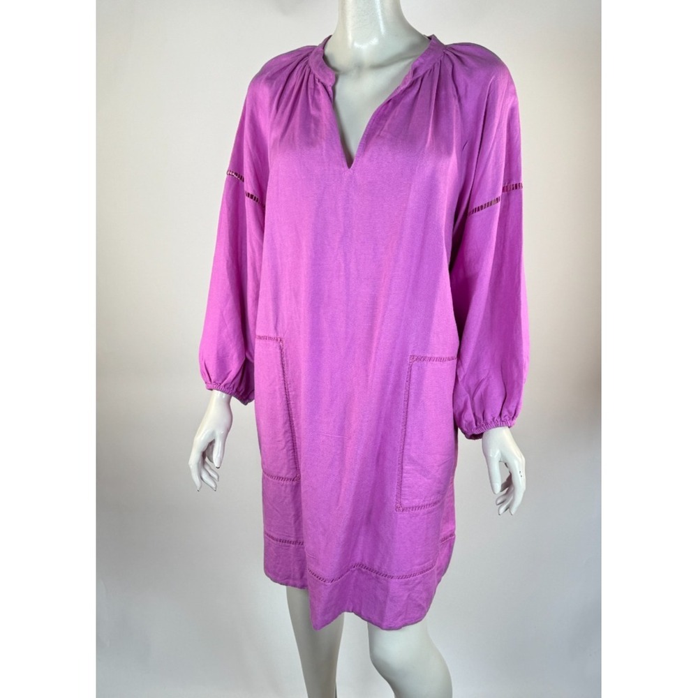 LOFT Linen Blend Tunic Dress Women L NWT $90 Long Sleeve Pockets Lined V-neck